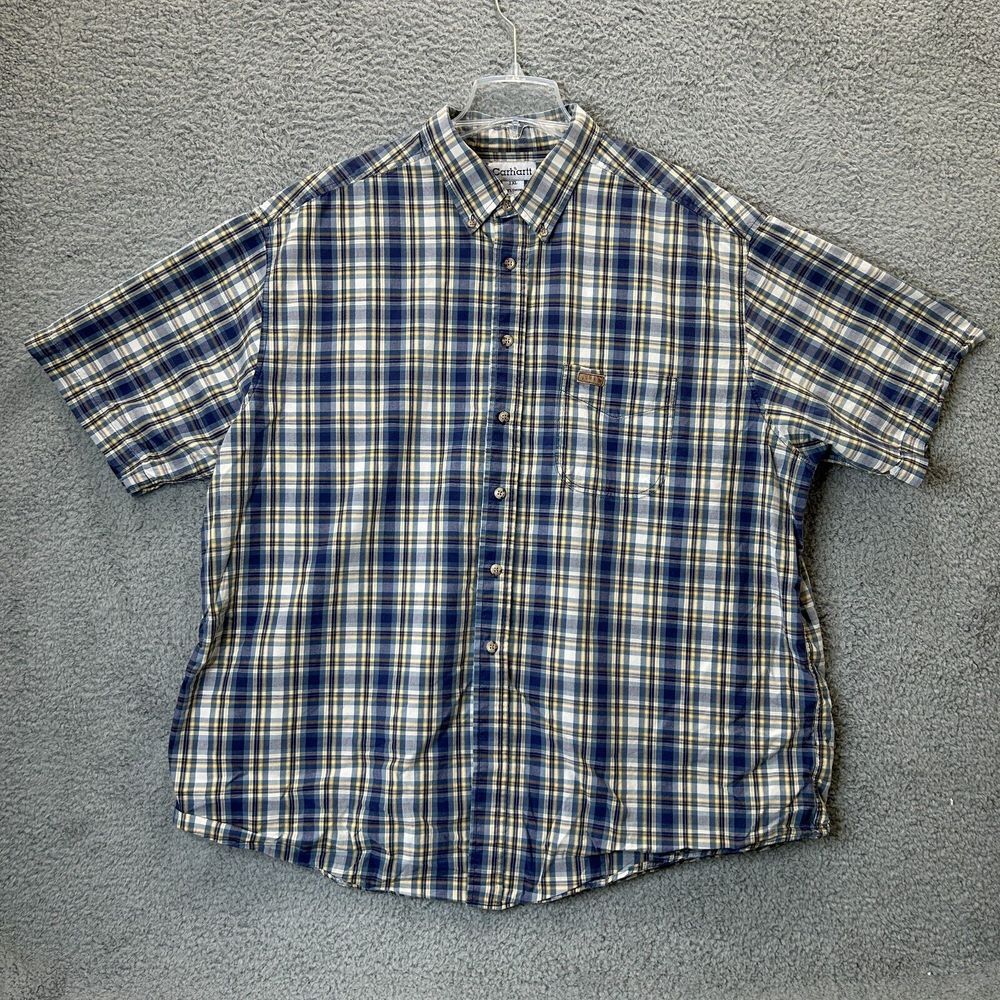 Carhartt Shirt Mens 2XL Blue Yellow Plaid Outdoor Camping Workwear Chest Pocket‎
